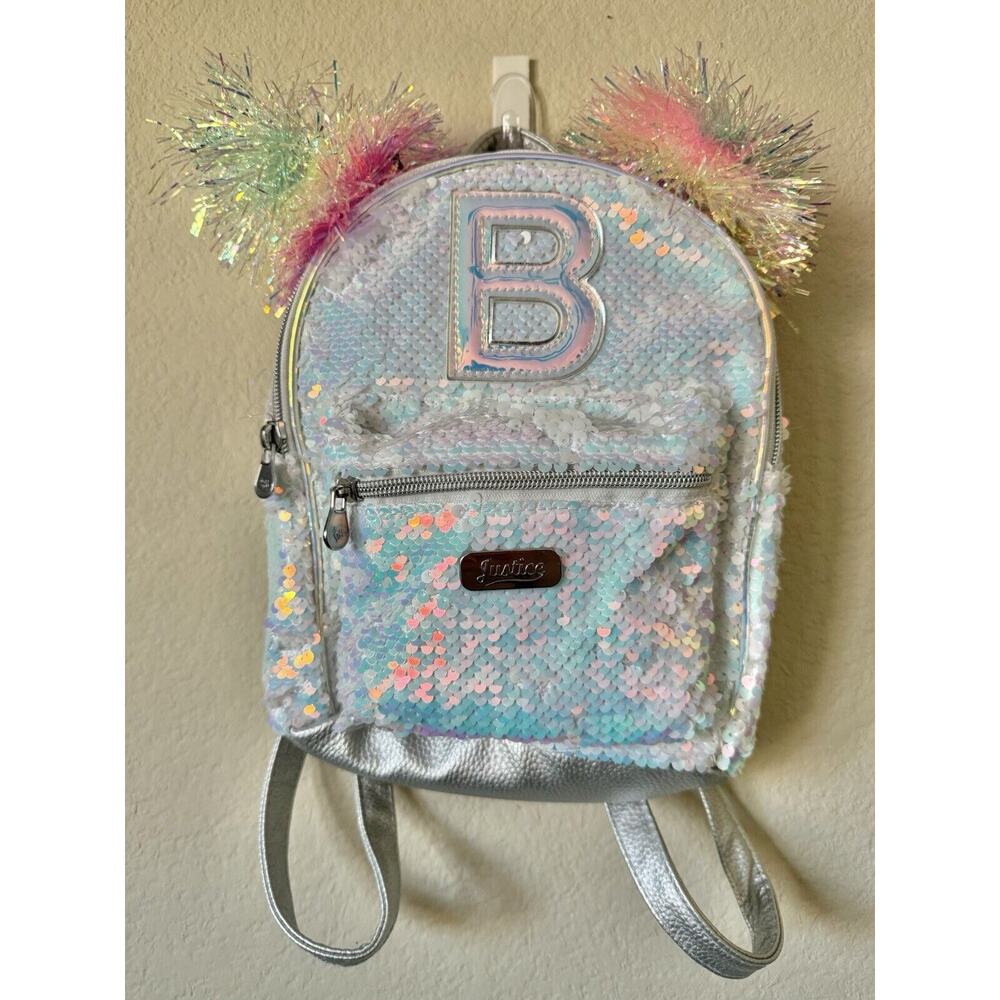 Justice Iridescent Holographic Sequins Pom Pom Letter B Zip Up Mini Backpack
